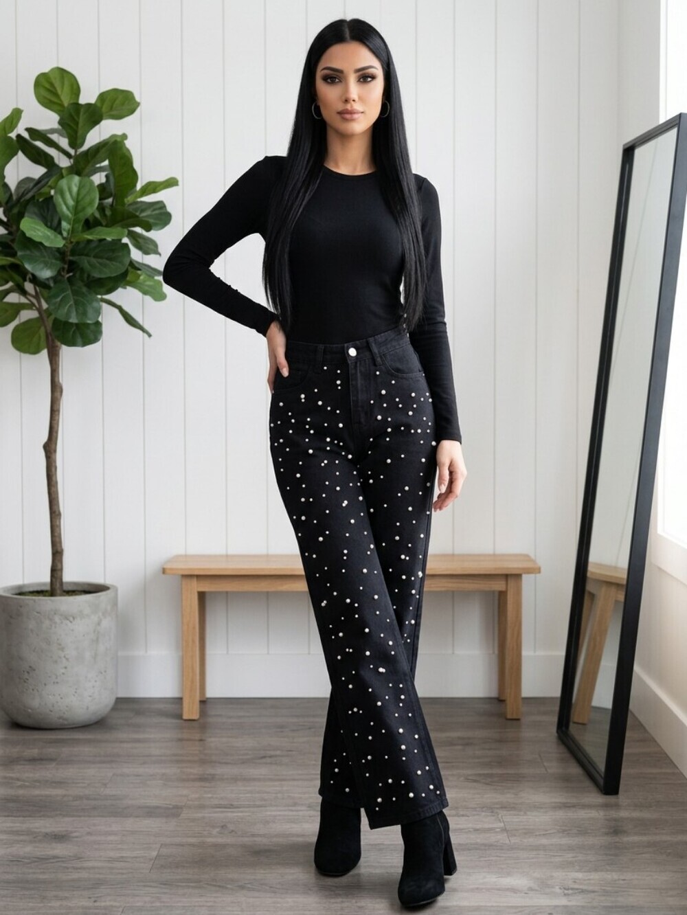 NWT New Collection Peal Beaded Black Stretch Jeans High Rise Sz S